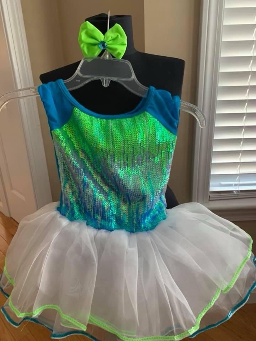 Glamour Green & Blue Sequin Dance Costume with White tutu